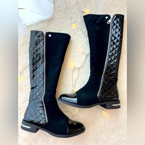 Italian Designer Black Suede Shiny Patent Leather Knee High Boots with Fur